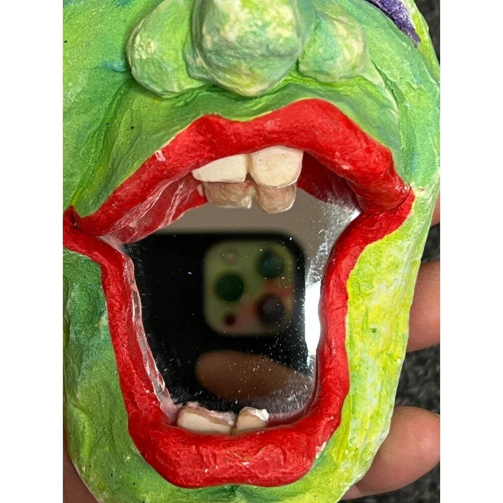 Funny Whimsical Face Studio Folk Art Pottery Wall Mirror w/ Teeth